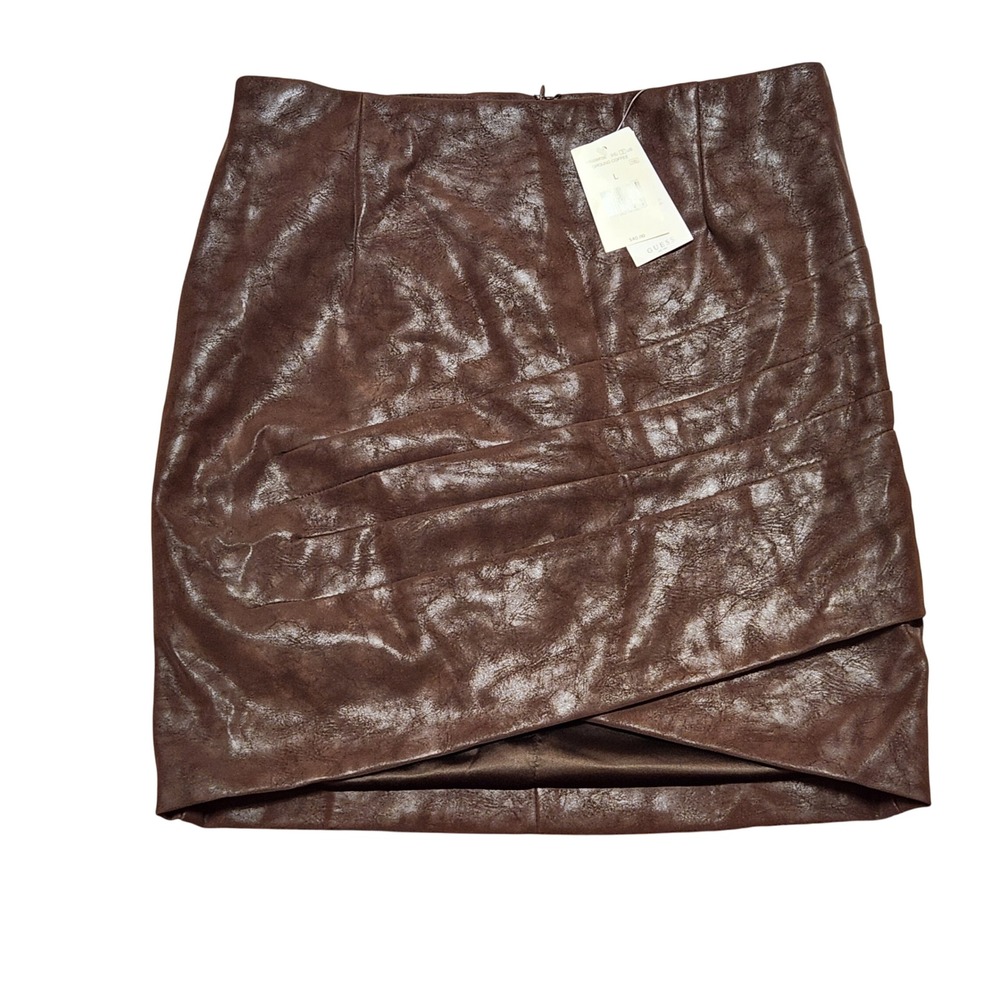 GUESS Women Brown Faux Leather Ruched Asymmetrical Mini Skirt Size L NWT Edgy